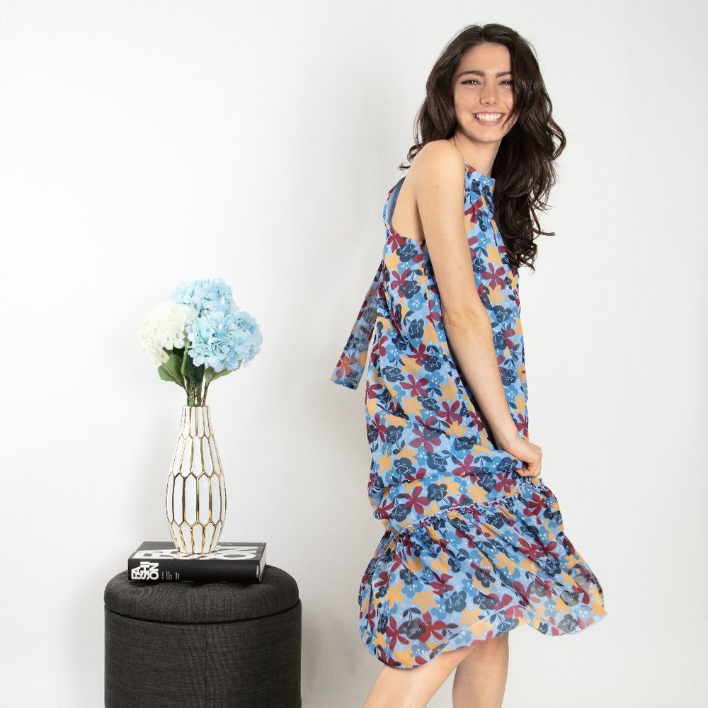 Halter Neck Floral Printed Chiffon Maxi Dress (Dot & Stripe)